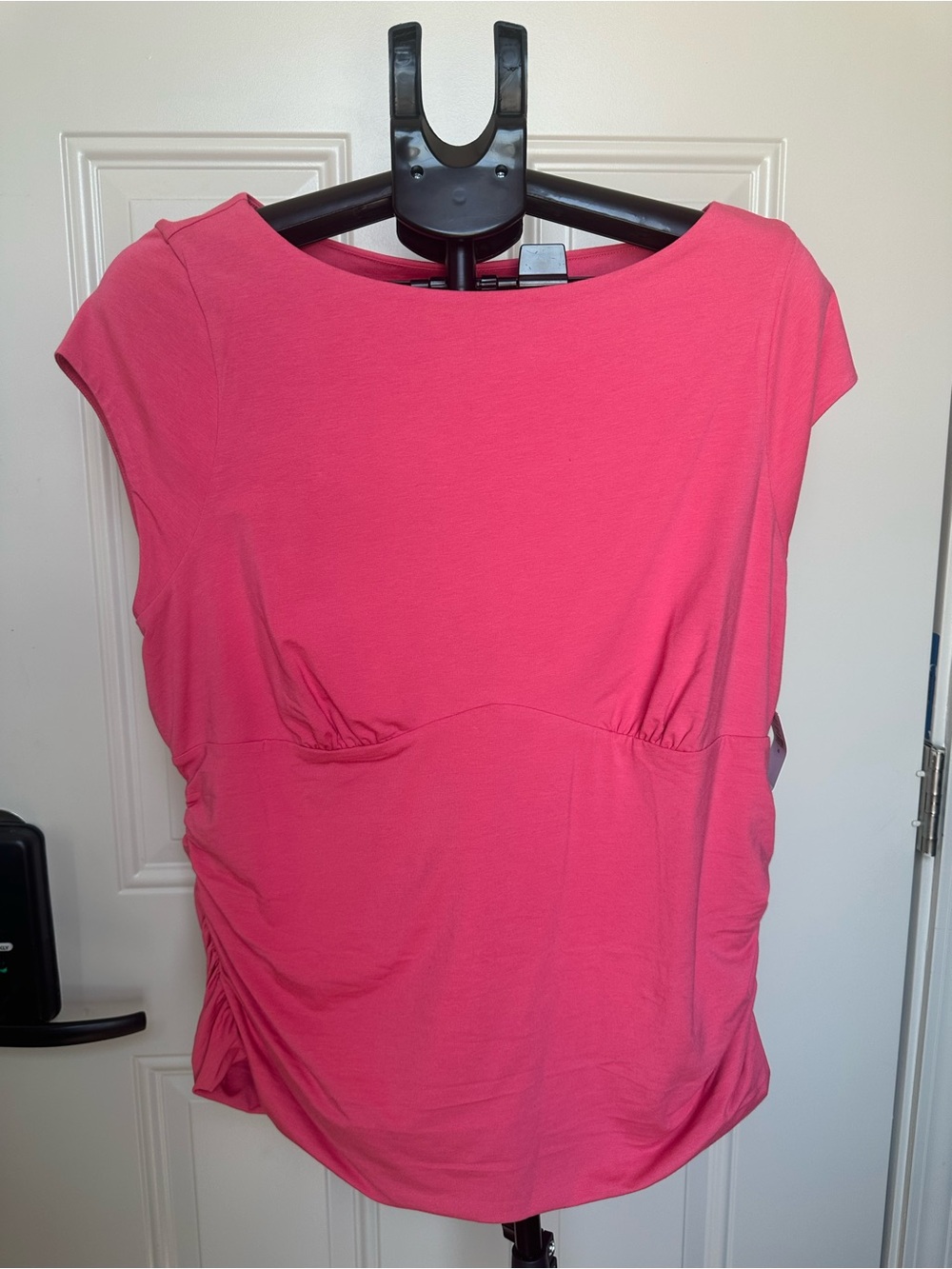 White House Black Market Pink/Coral Cap-Sleeve Gathered Waist Top